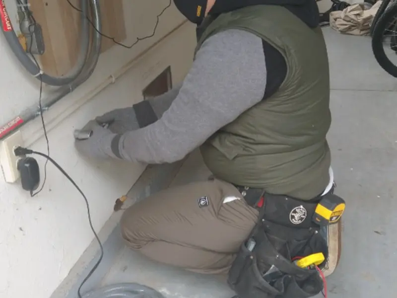 Electrician performing outlet wiring in a Alloway garage